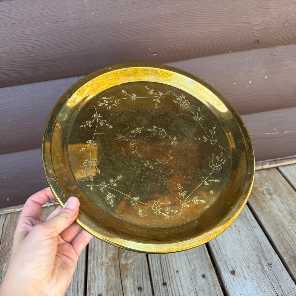 Vintage Etched Floral Brass Serving Tray Gold 12.5 Inch Round Decor